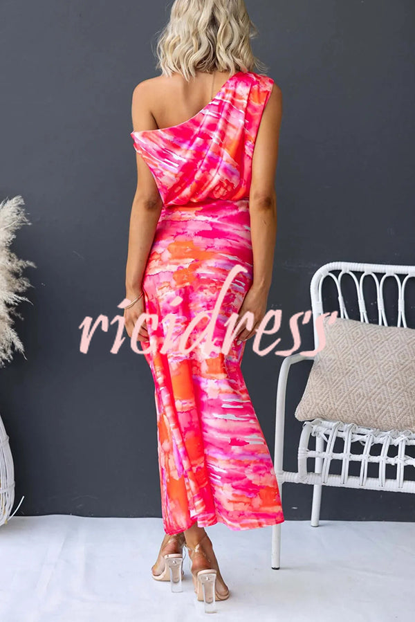 Satin Unique Print One Shoulder Tie Waist Slit Maxi Dress