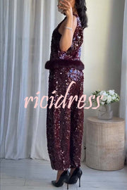 Gala Goddess Sequin High Rise Zipper Waist Wide Leg Pants