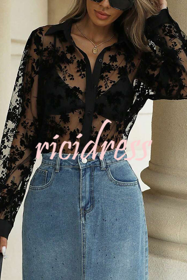 Fashion See-through Plant Lace Long Sleeve Loose Shirt