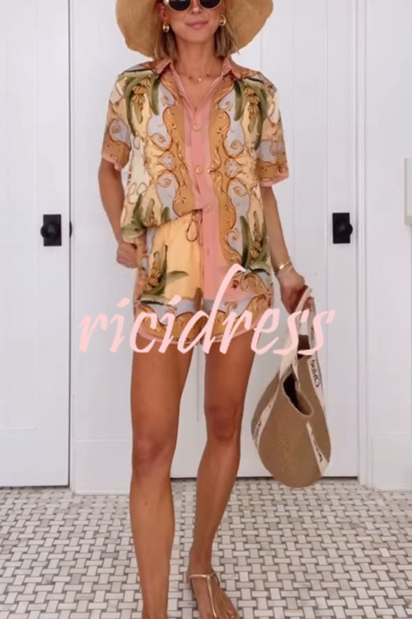 Royalty Unique Print Button Up Short Sleeve Shirt and Elastic Waist Pocketed Loose Shorts Set