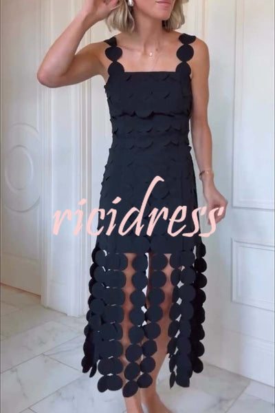 Best Dance Laser Cut Circle Embroidery Square Neck Tassle Trim Midi Dress