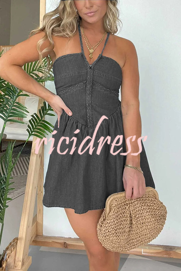 Sexy Halter Neck Backless Front Zip Denim Mini Dress