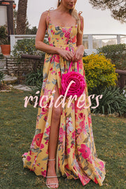 Garden Wedding Floral Print Back Tie-up Pocketed Slit Maxi Dress