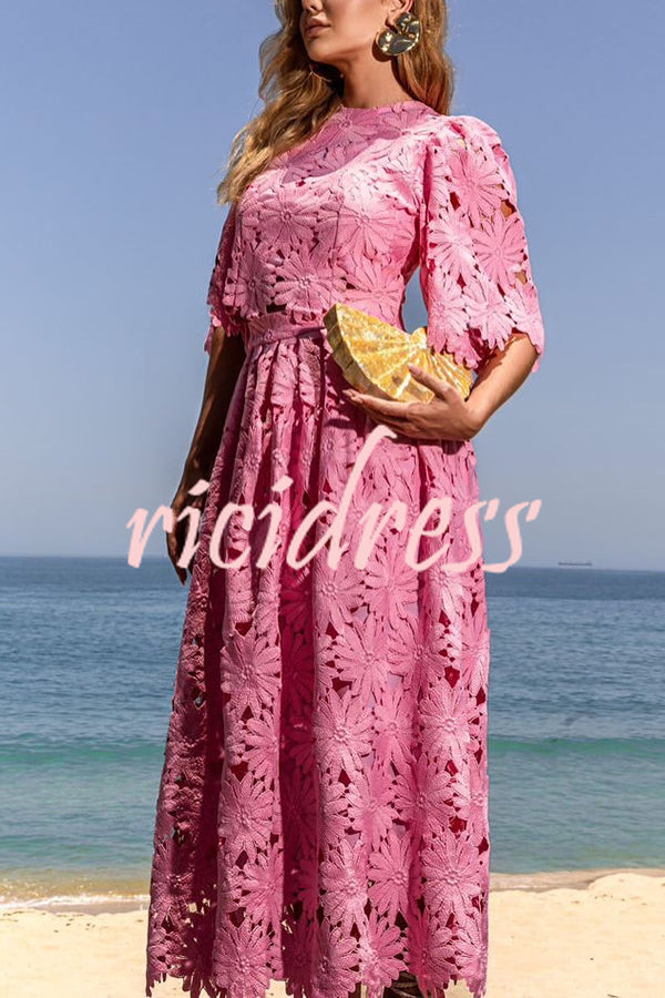Elegant Embroidered Hollow Flowers Bell Sleeve Top and Full Hem Maxi Skirt Set