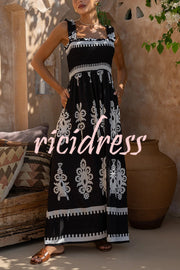 National Boho Style Unique Print Smocked Bust Wide Strap Pocket Maxi Dress