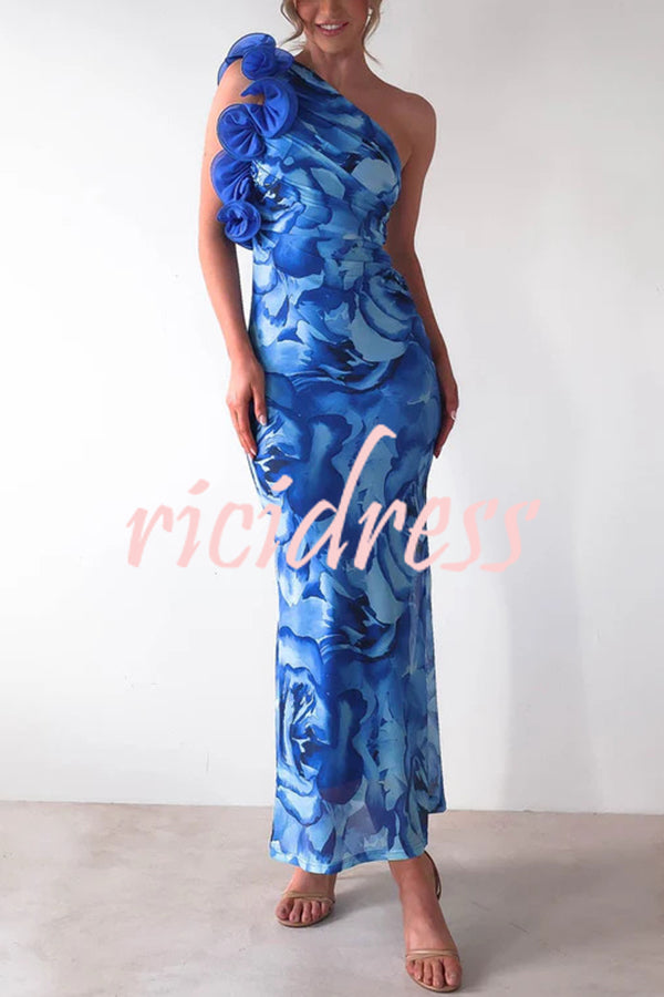 Floral Print Sleeveless 3D Flower One Shoulder Slim Maxi Dress