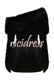 Stylish Velvet Off-shoulder Fitted Mini Dress and Fluffy Shawl, Velvet Gloves Three-piece Set