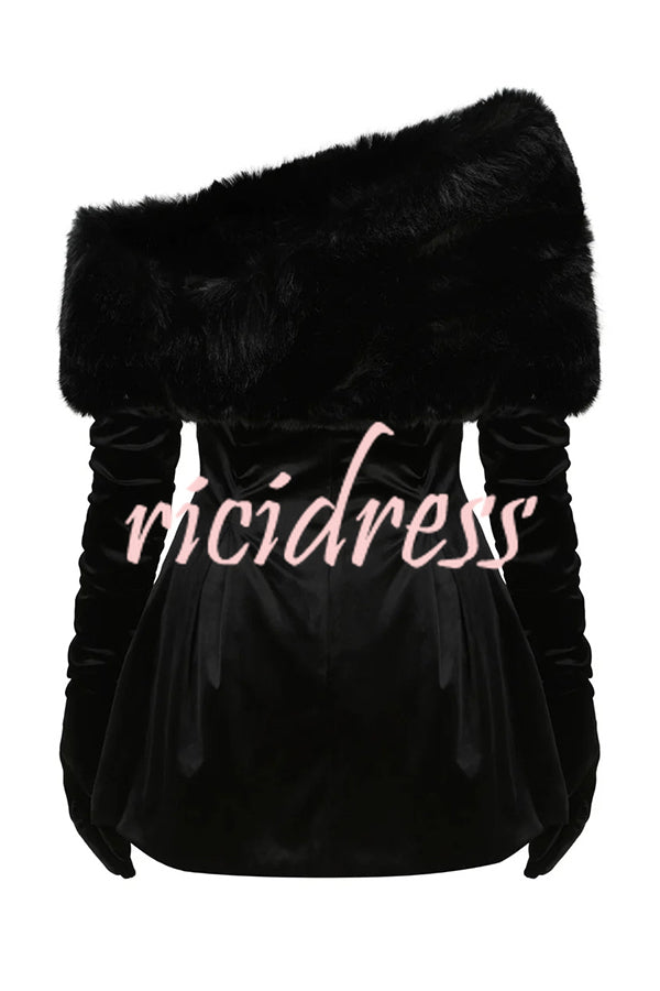 Stylish Velvet Off-shoulder Fitted Mini Dress and Fluffy Shawl, Velvet Gloves Three-piece Set
