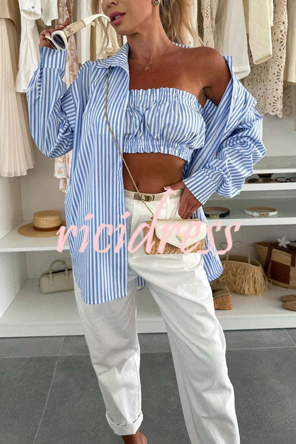 Zoie Striped Stretch Bandeau + Elastic Waist Pocket Shorts + Oversized Blouse 3 Pieces Set