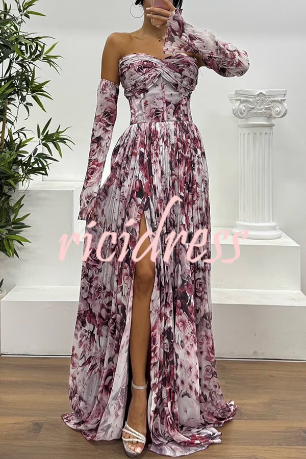 Reina Chiffon Floral Print Pleated Bodice Split Sleeve Strapless Slit Maxi Dress