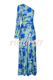 Satin Botanical Print One-Sleeve Resort Maxi Dress