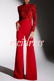 Eleanor Embroidered Floral Lace Long Sleeve Patchwork Belt Flare Jumpsuit