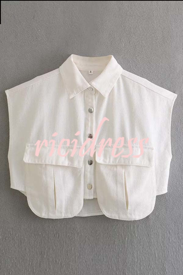 Stylish Weekend Denim Button Up Cape Sleeve Pocket Crop Top