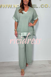 Fashionable V-neck Short-sleeved Loose Top and Elastic Waist Casual Wide-leg Pants Set