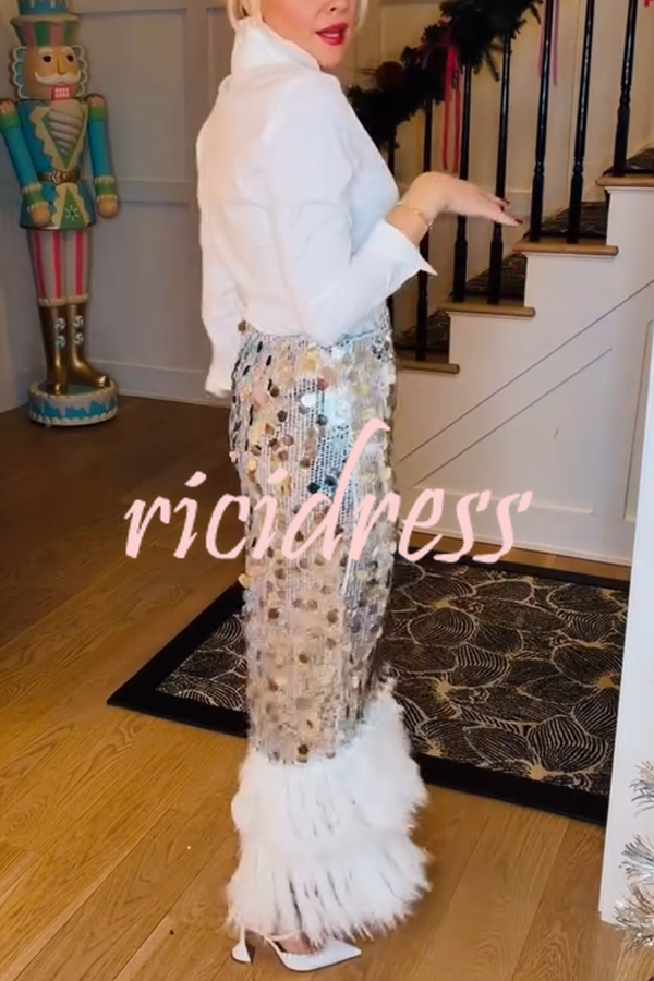 Playful Sparkling Large Sequin Faux Fur Tassel Hem Elastic Waist Maxi Skirt