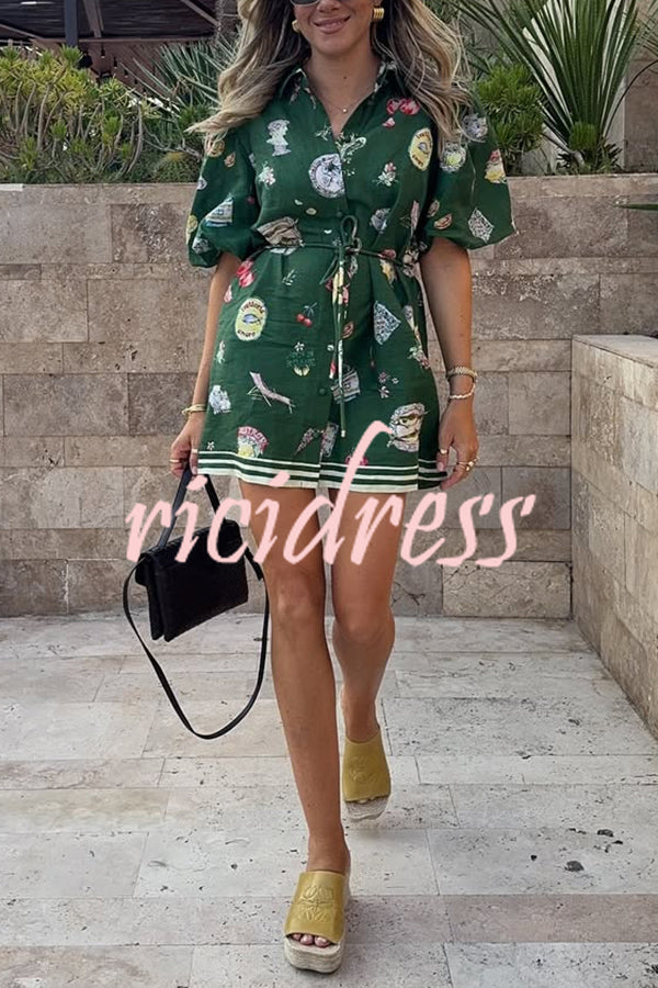 Linen Blend Unique Print Puff Sleeve Casual Mini Dress