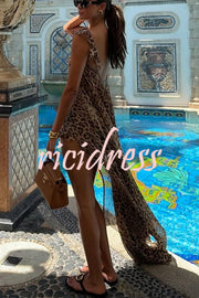 Immerse Vacation Leopard Tie-up Slit Midi Top and Elastic Waist Shorts Set