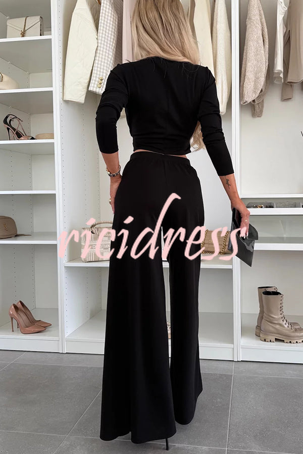 Solid Color Round Neck Long Sleeve Twist Crop Top and Elastic Waist Pocket Wide Leg Pants Set