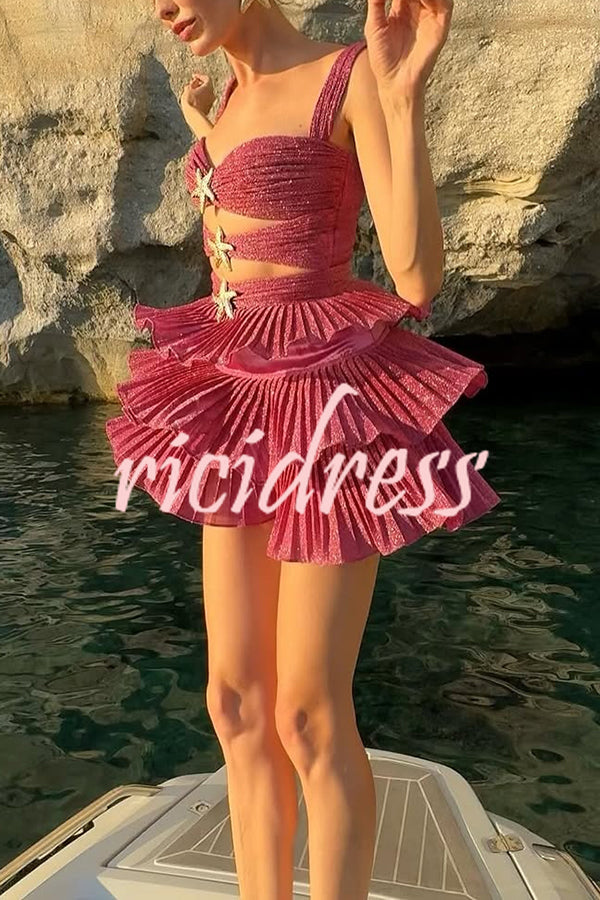 Little Mermaid Glitter Fabric Metal Starfish Hollow Layered Stretch One-piece Swimsuit