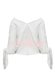 Joyful Bond Linen Blend V-neck Knotted Cuff Half Sleeve Loose Top