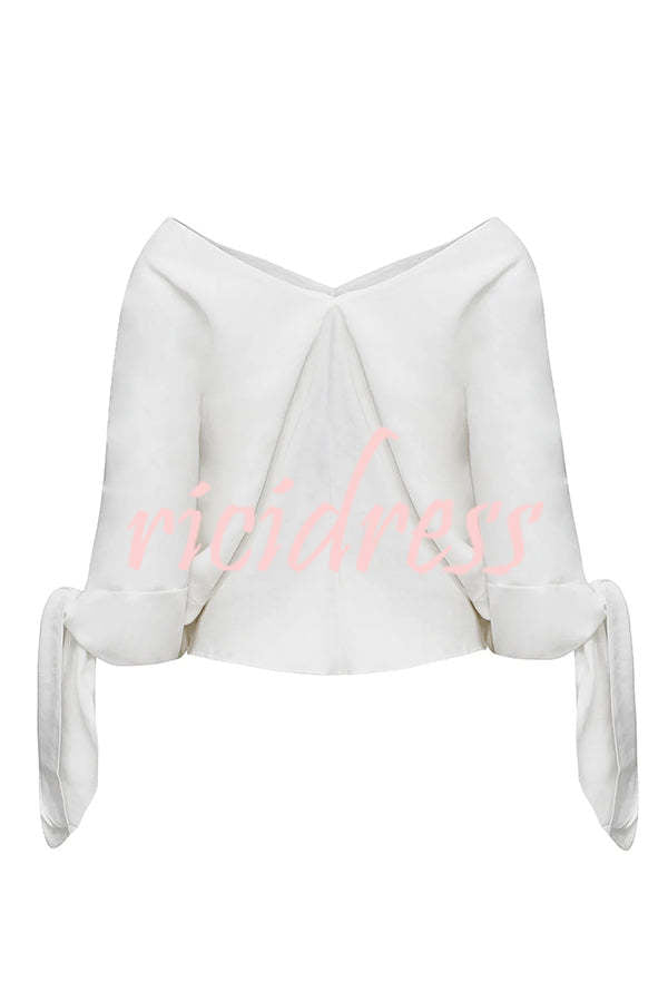 Joyful Bond Linen Blend V-neck Knotted Cuff Half Sleeve Loose Top