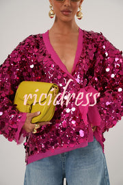 Fashion Sequined Long-sleeved V-neck Loose Lace-up Cardigan