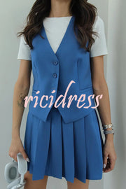 Solid Color Sleeveless Buttoned Vest and High-waisted Pleated Mini Skirt Set