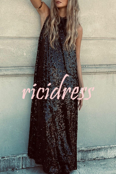 Twas The Night Sequin Round Neck Sleeveless Drape Loose Maxi Dress