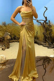 Essie Satin Rhinestone Patchwork Twist Waist Strapless Slit Maxi Dress