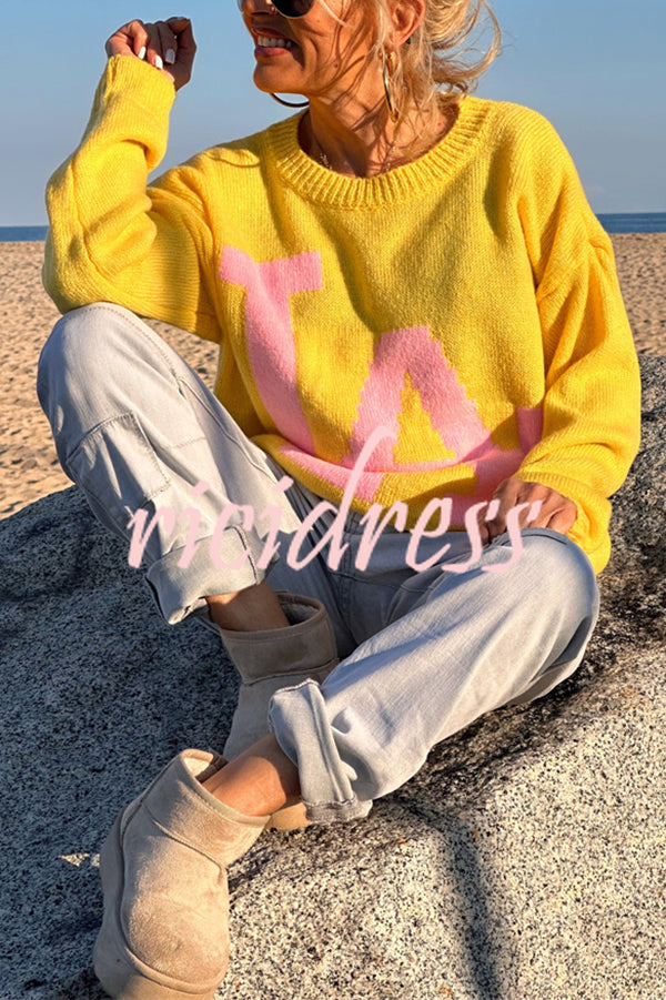 Letter Pattern Crew Neck Long Sleeve Loose Knit Sweater