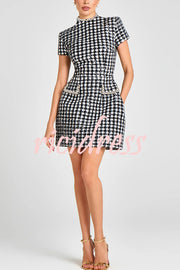 Eve Check Bouclé-tweed Fabric Pearl Trim Short Sleeve Pocketed Mini Dress