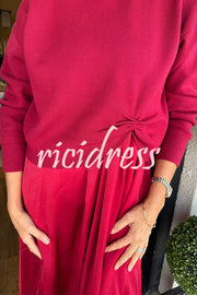 Practical Fashion Knit Ruched Sweater and Satin Stretch Tank Midi Dress Two-piece Set