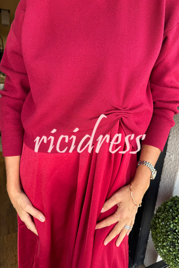 Practical Fashion Knit Ruched Sweater and Satin Stretch Tank Midi Dress Two-piece Set