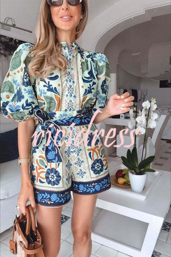 Elouise Linen Blend Unique Print Button Puff Sleeves Tie-up Pocketed Romper