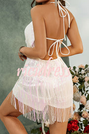 Shiny Sexy Halterneck Backless Lace-up Fringed Sequin Rompers