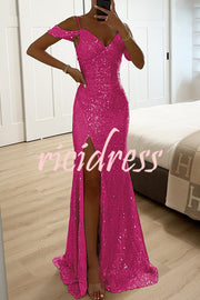 Prom Dreamland Sequin Cold Shoulder Ruched Slit Maxi Dress