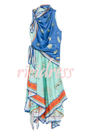 Surrealist Summer Satin Unique Print Tie-up Details Layered Hem Scarf Maxi Dress