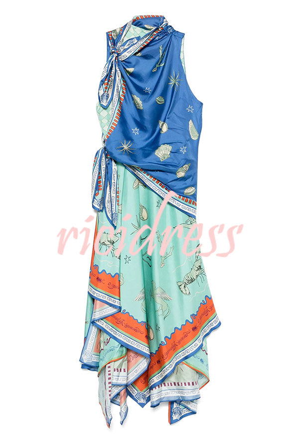 Surrealist Summer Satin Unique Print Tie-up Details Layered Hem Scarf Maxi Dress