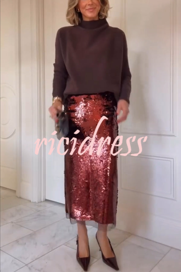 Upper East Chic Sequin Mesh Trim High Rise Slit Pencil Midi Skirt