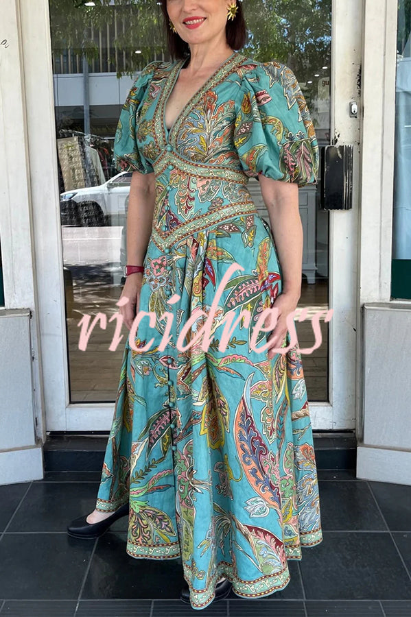 Chic Vacation Linen Blend Unique Print Button Puff Sleeve Pocket Maxi Dress