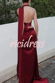 Solid Color Satin Elegant Sleeveless Waist Maxi Dress