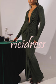 Solid Color Shiny Sexy V-neck Long Sleeve Ribbon Slit Slim Fit Maxi Dress