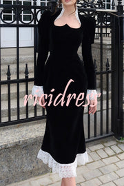 Baroque Style Velvet Lace Trim Sweetheart Neck Long Sleeve Flare Midi Dress