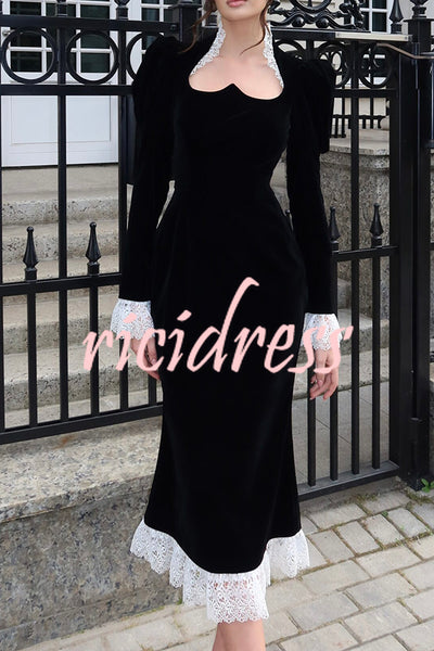 Baroque Style Velvet Lace Trim Sweetheart Neck Long Sleeve Flare Midi Dress