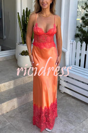 Elegant Evening Satin Lace Patchwork See-through Waist Slip Maxi Dress