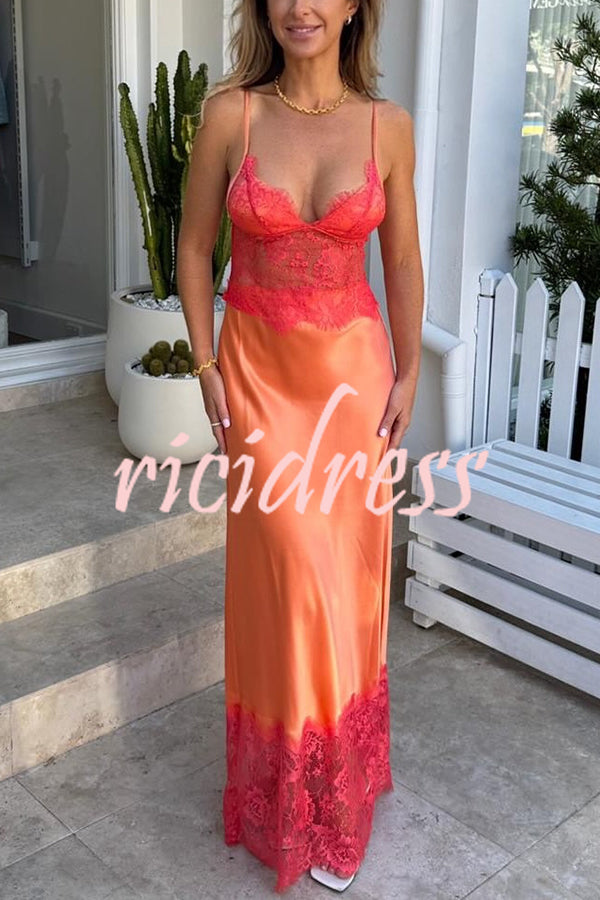 Elegant Evening Satin Lace Patchwork See-through Waist Slip Maxi Dress