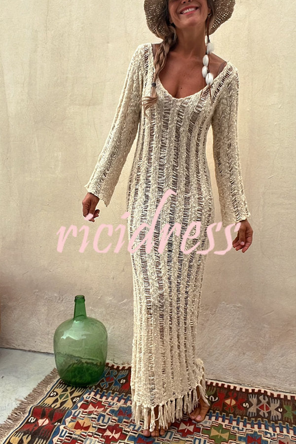Somewhere Sunny Hollow Out Tassel Long Sleeve Knit Beach Maxi Dress