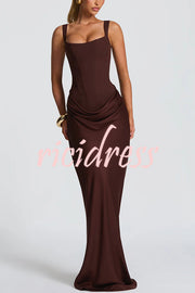 Larrah Square Neck Back Lace-up Satin Drape Hem Maxi Dress