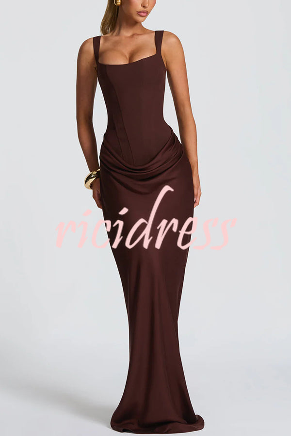 Larrah Square Neck Back Lace-up Satin Drape Hem Maxi Dress