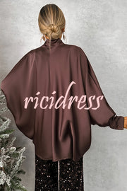 Chic and Merry Satin Bow Neck Batwing Sleeve Loose-fitting Blouse